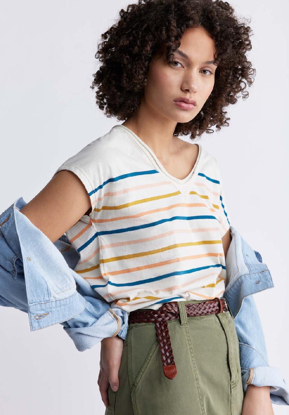 Buffalo David Bitton Danique Women’s V-Neck Striped T-Shirt In White