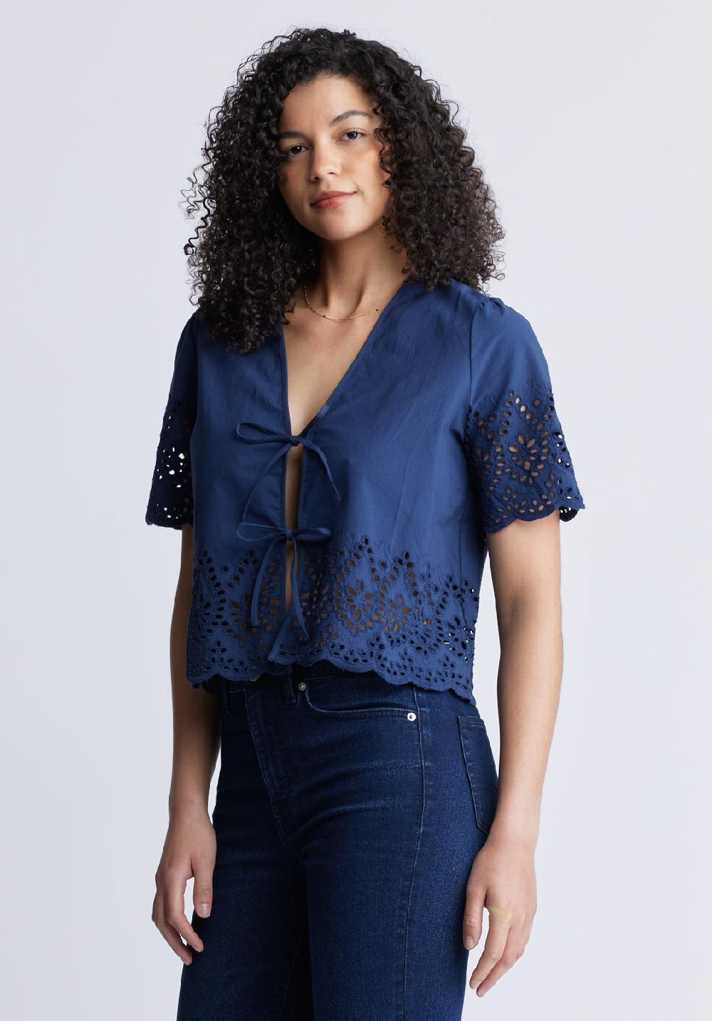 Buffalo David Bitton Dolly Women's Short Sleeve Tie Front Crop Blouse Navy