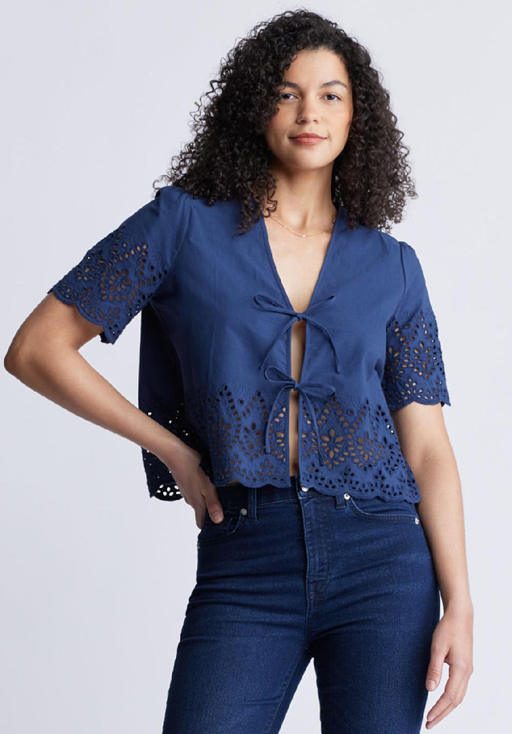 Buffalo David Bitton Dolly Women's Short Sleeve Tie Front Crop Blouse Navy