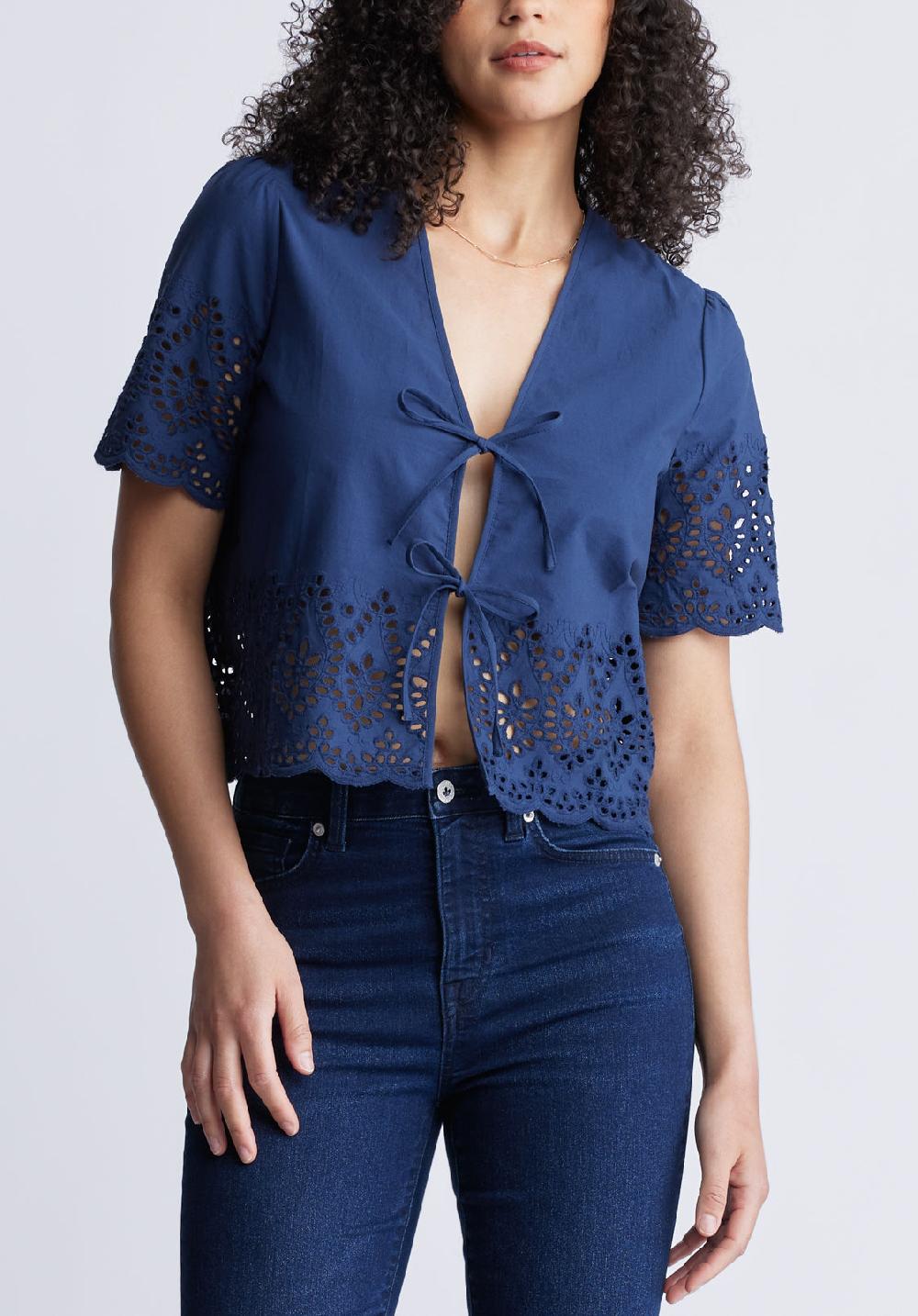 buffalo david bitton Dolly Women's Short Sleeve Tie Front Crop Blouse Navy