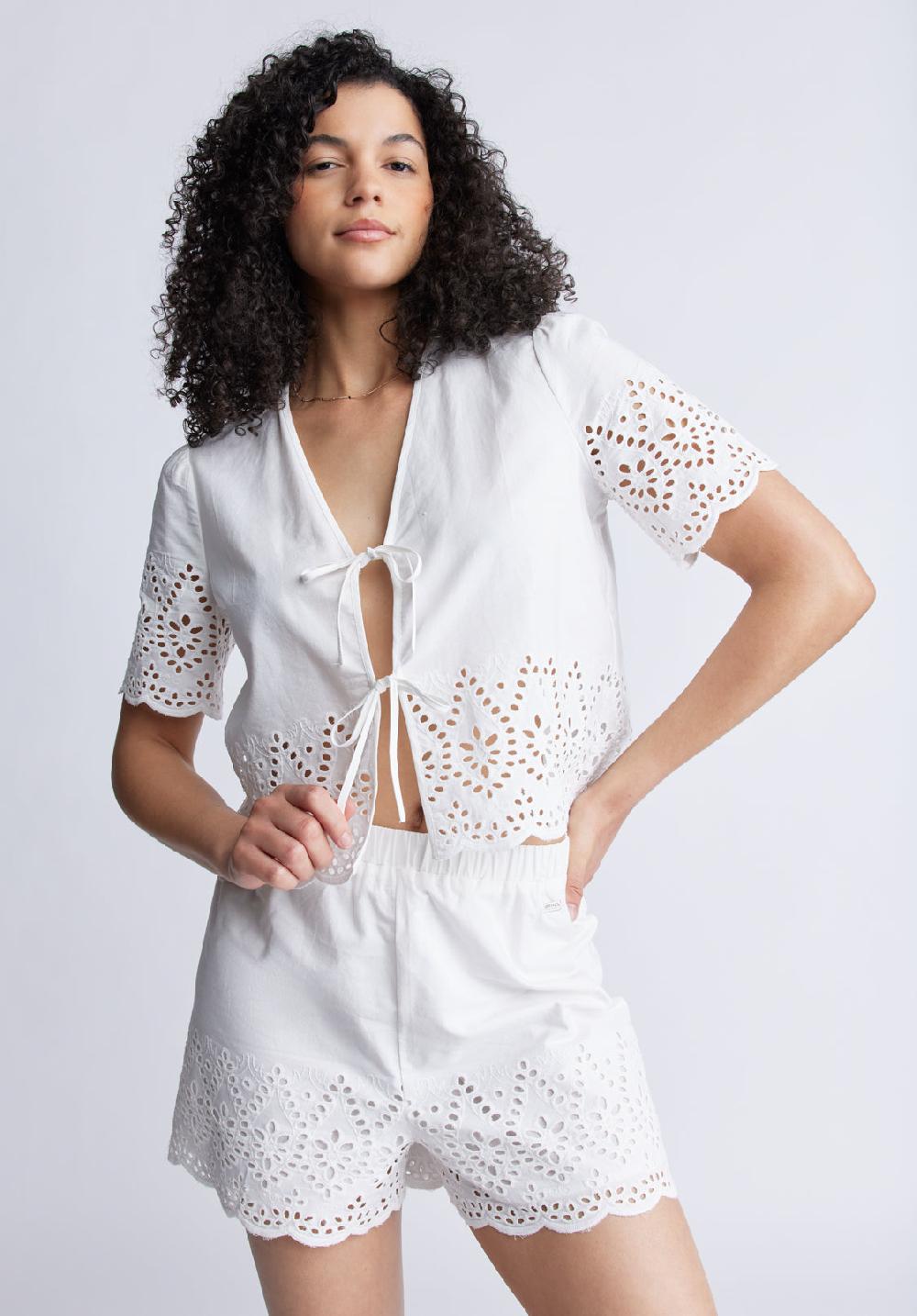 Buffalo David Bitton Dolly Women's Short Sleeve Tie Front Crop Blouse White