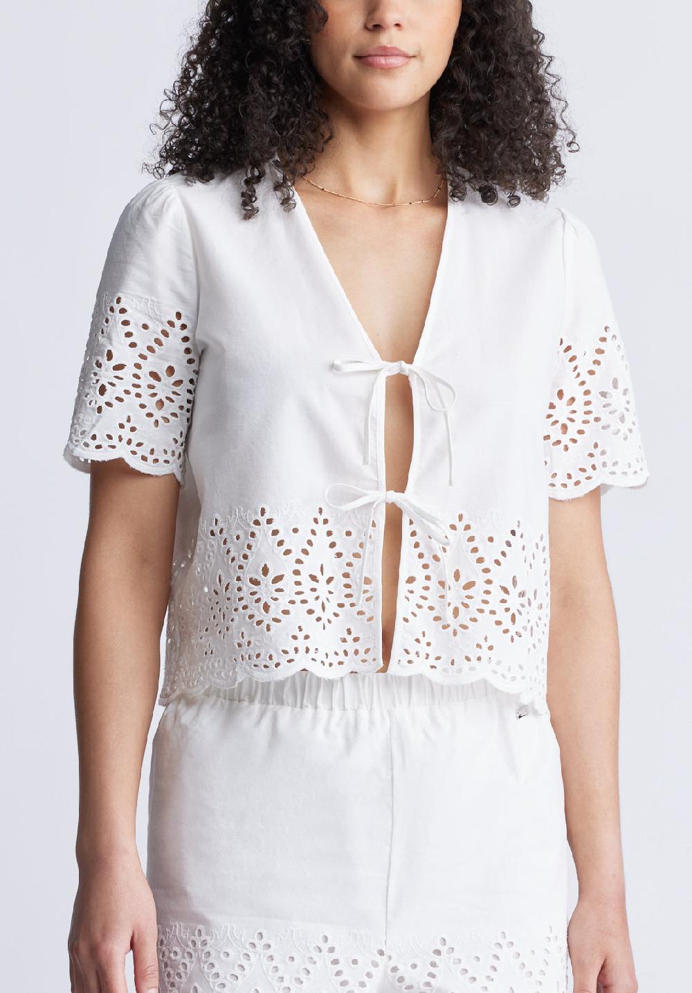 buffalo david bitton Dolly Women's Short Sleeve Tie Front Crop Blouse White