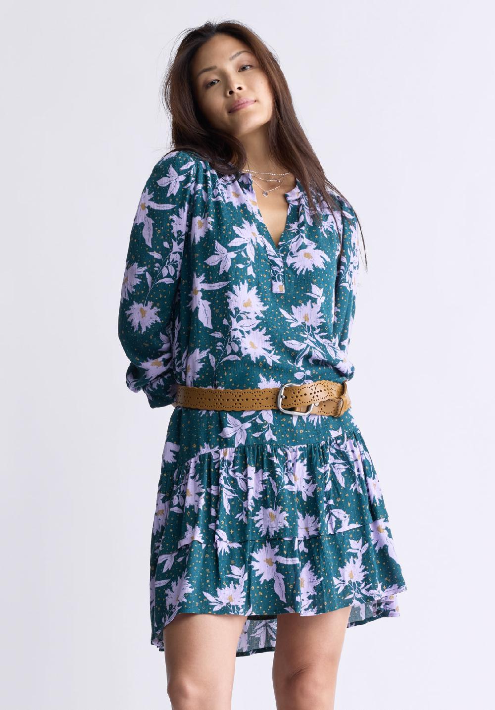 Buffalo David Bitton Dovie Women's Long-Sleeve Knee-Length Ruffle Dress Green & Purple Floral