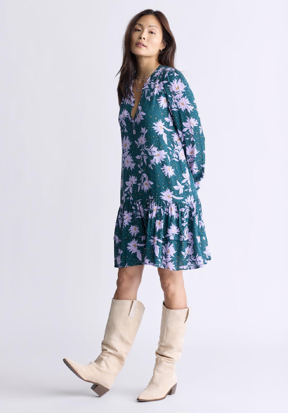 Buffalo David Bitton Dovie Women's Long-Sleeve Knee-Length Ruffle Dress Green & Purple Floral