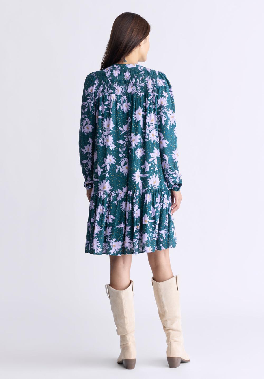 Buffalo David Bitton Dovie Women's Long-Sleeve Knee-Length Ruffle Dress Green & Purple Floral
