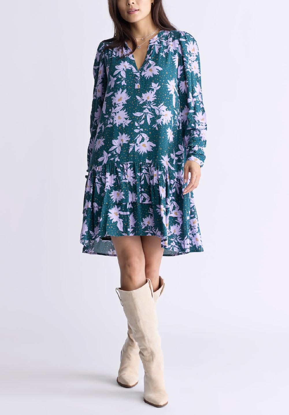 buffalo david bitton Dovie Women's Long-Sleeve Knee-Length Ruffle Dress Green & Purple Floral
