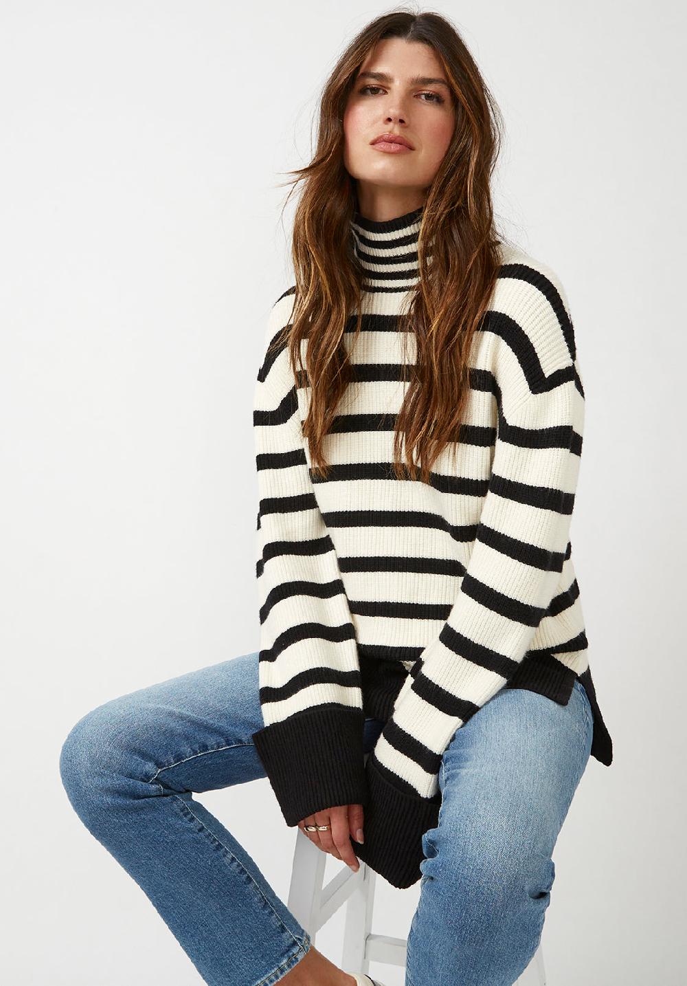 Buffalo David Bitton Drew Women's Funnel Neck Sweater In Black & White Stripe