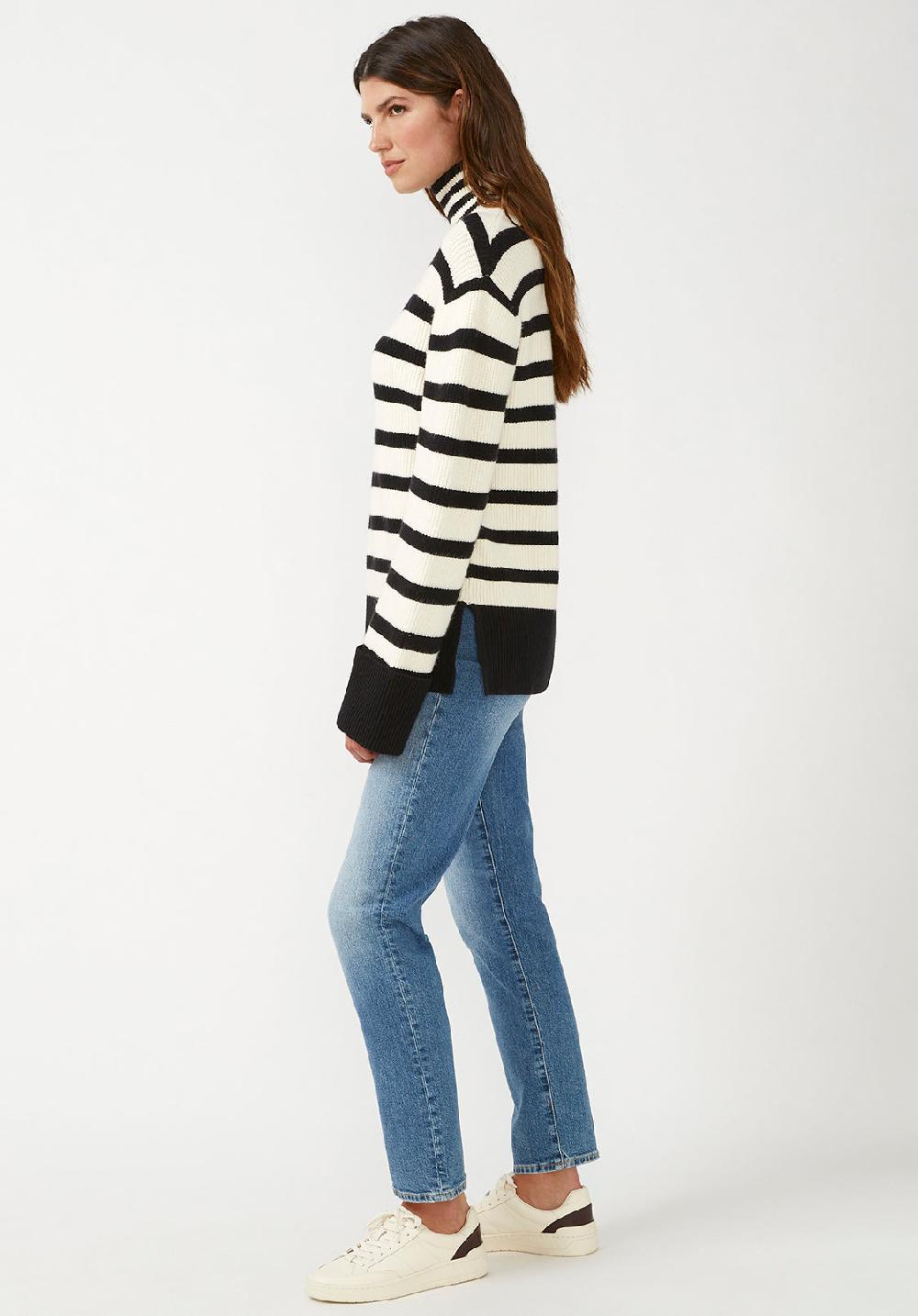 Buffalo David Bitton Drew Women's Funnel Neck Sweater In Black & White Stripe