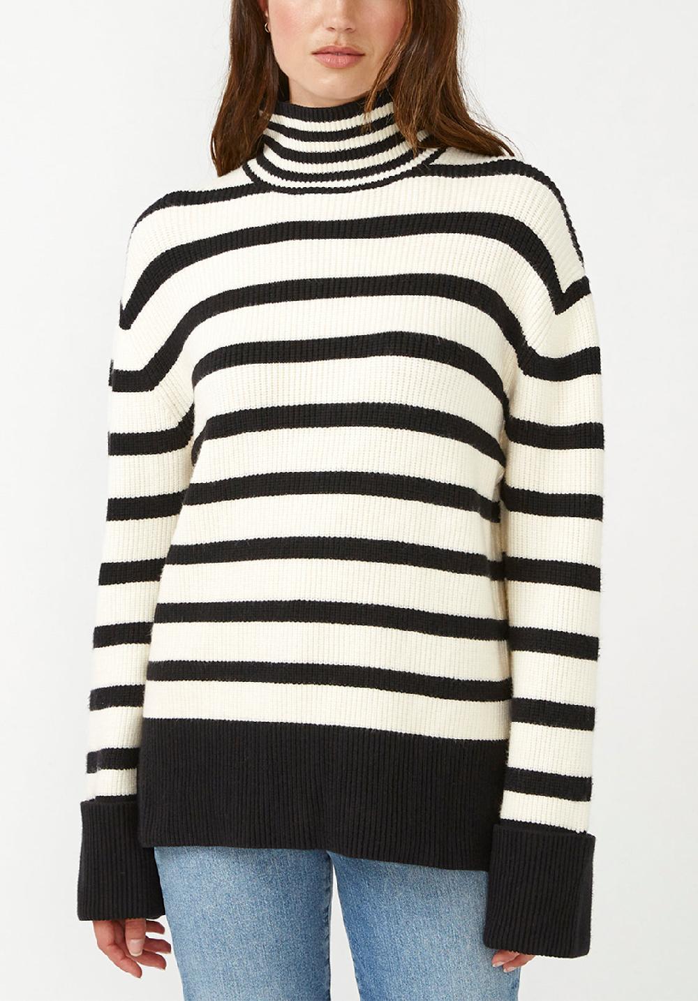 buffalo david bitton Drew Women's Funnel Neck Sweater in Black & White Stripe