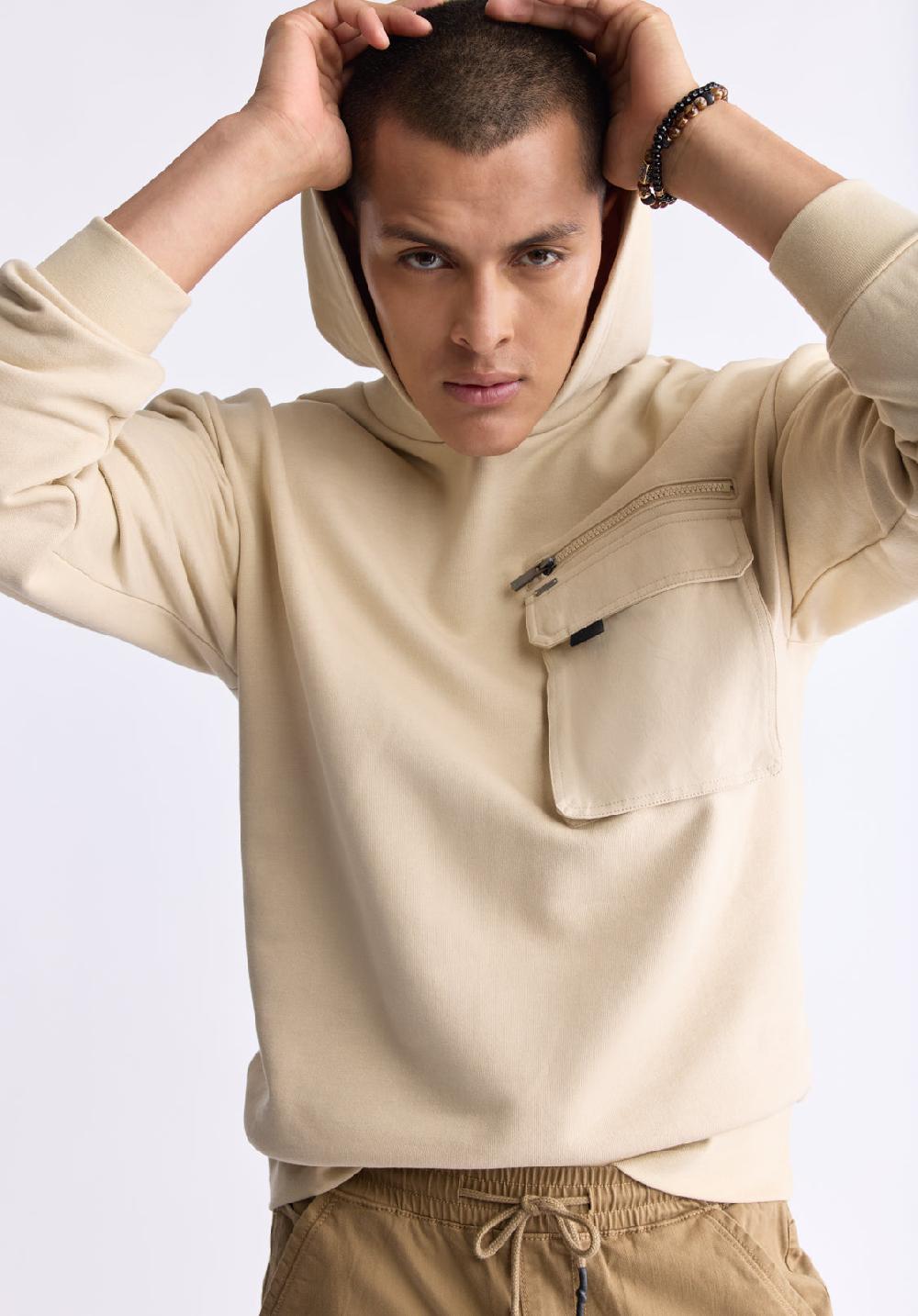 Buffalo David Bitton Fabio Men's Hooded Sweatshirt With Chest Pocket Cream