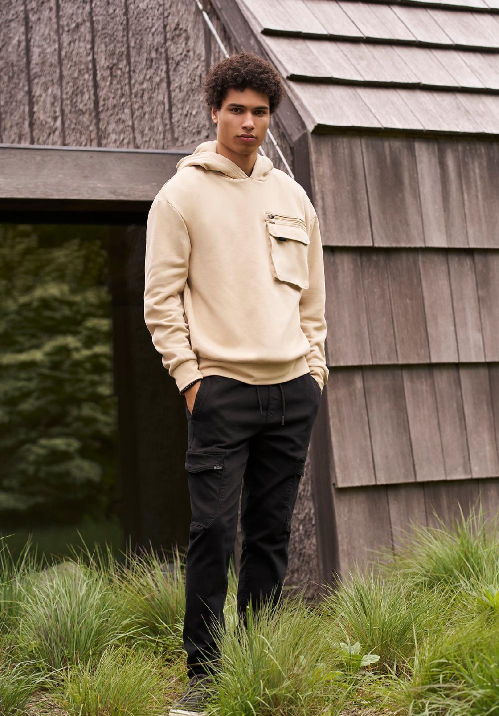 Buffalo David Bitton Fabio Men's Hooded Sweatshirt With Chest Pocket Cream