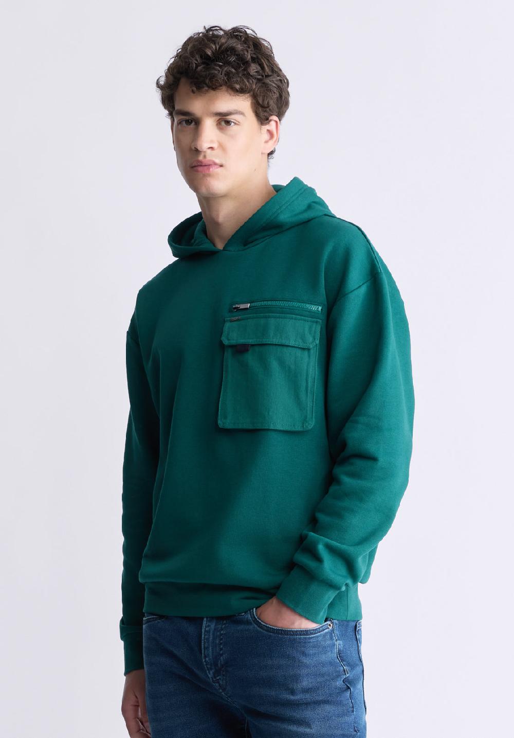Buffalo David Bitton Fabio Men's Hooded Sweatshirt With Chest Pocket Forest Green