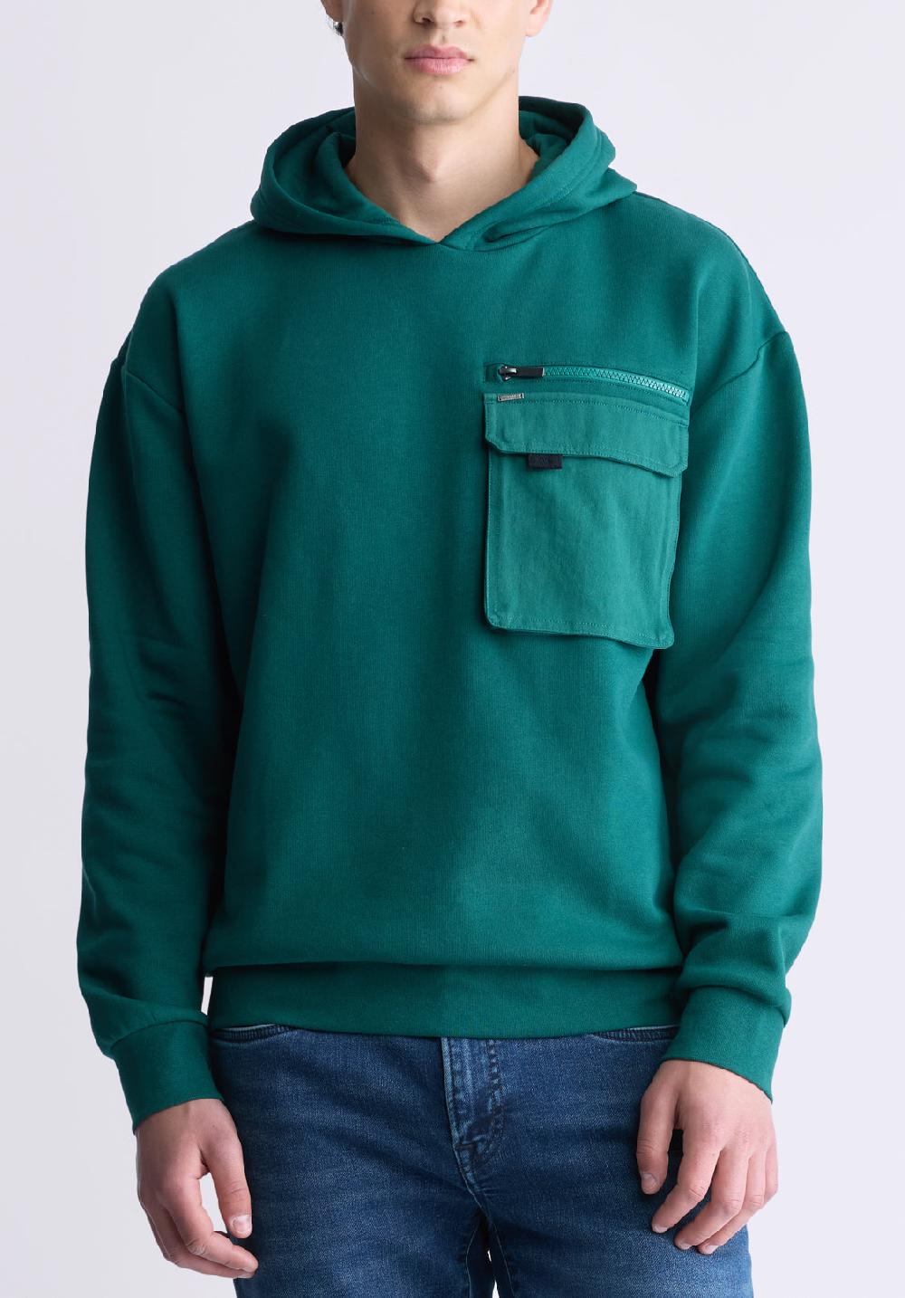 buffalo david bitton Fabio Men's Hooded Sweatshirt with Chest Pocket Forest Green