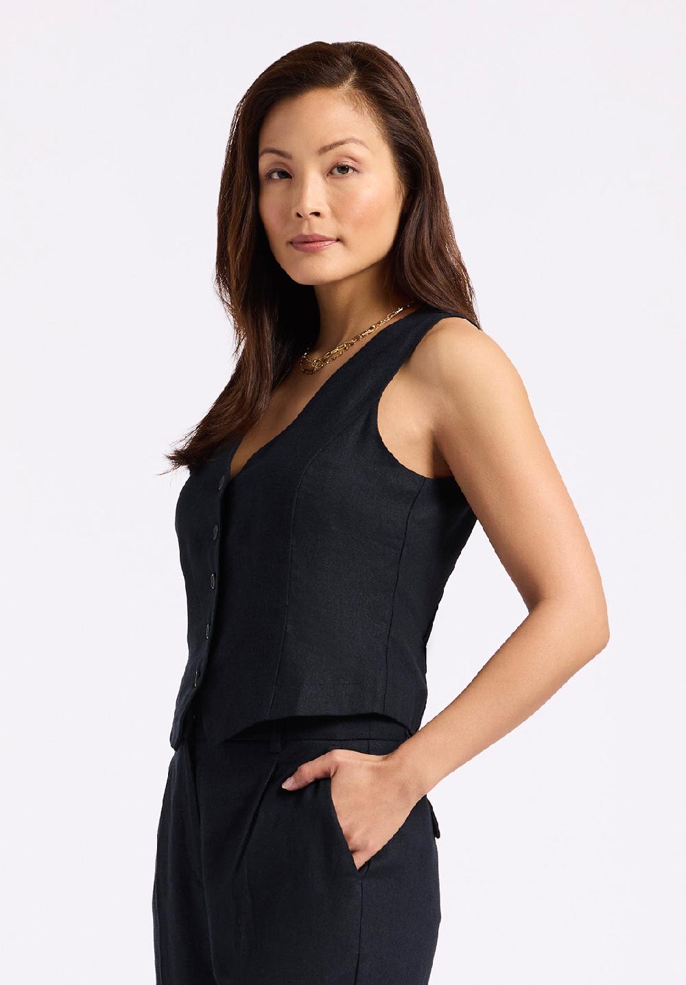 Buffalo David Bitton Gilet Boutonné En Lin Coraline Pour Femme Noir