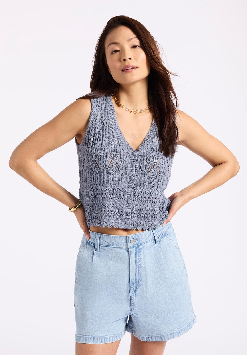 Buffalo David Bitton Gilet En Maille Pointelle à Boutons Merrybell Pour Femme Bleu Denim