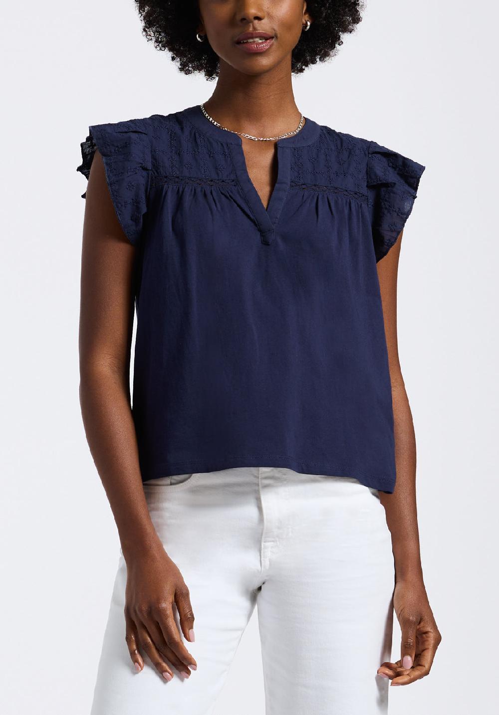buffalo david bitton Haut à manches papillon avec détails brodés pour femme Mckaylie bleu marine