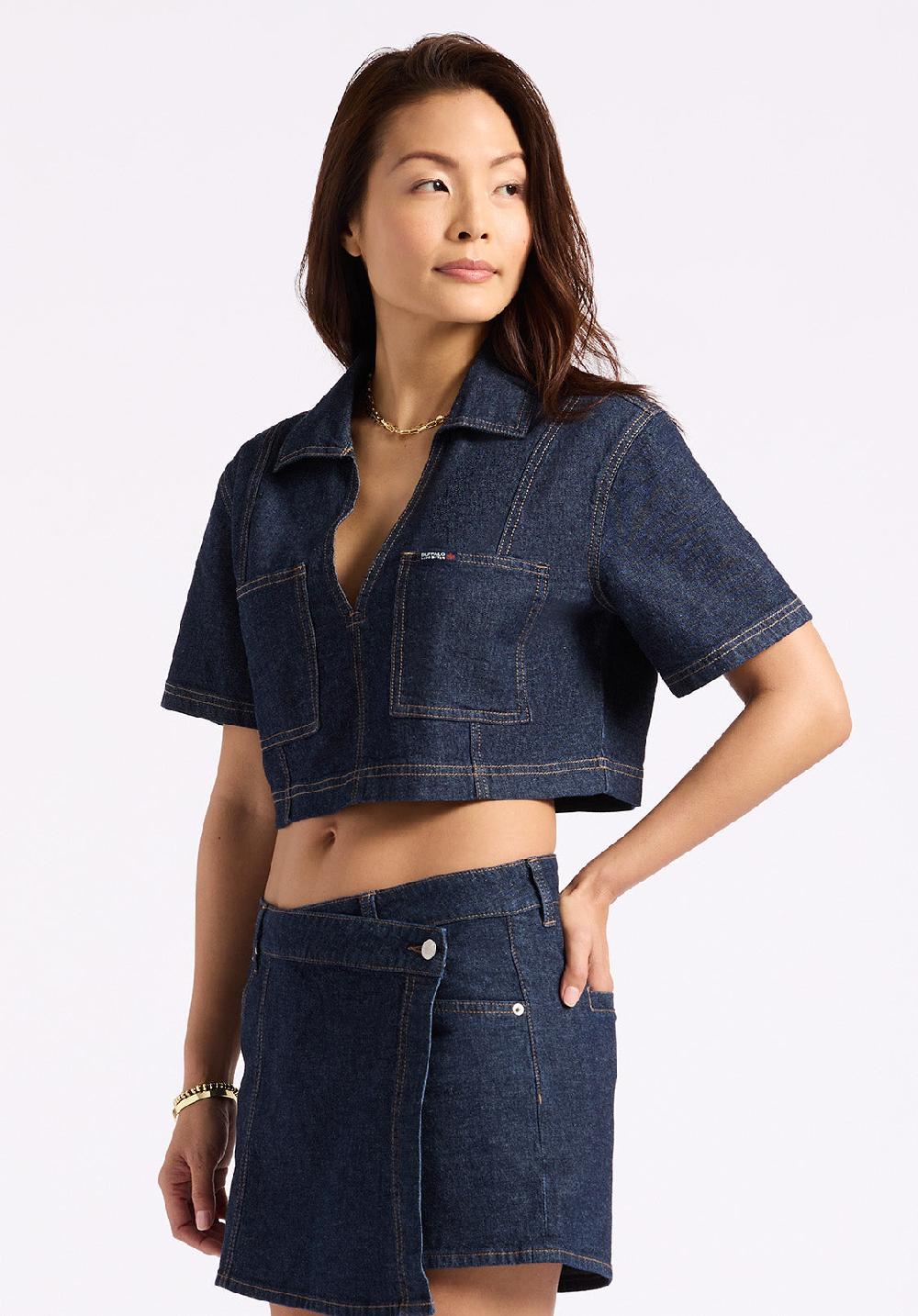 Buffalo David Bitton Haut Court En Denim Pour Femme Selena Avec Poches Plaquées Indigo