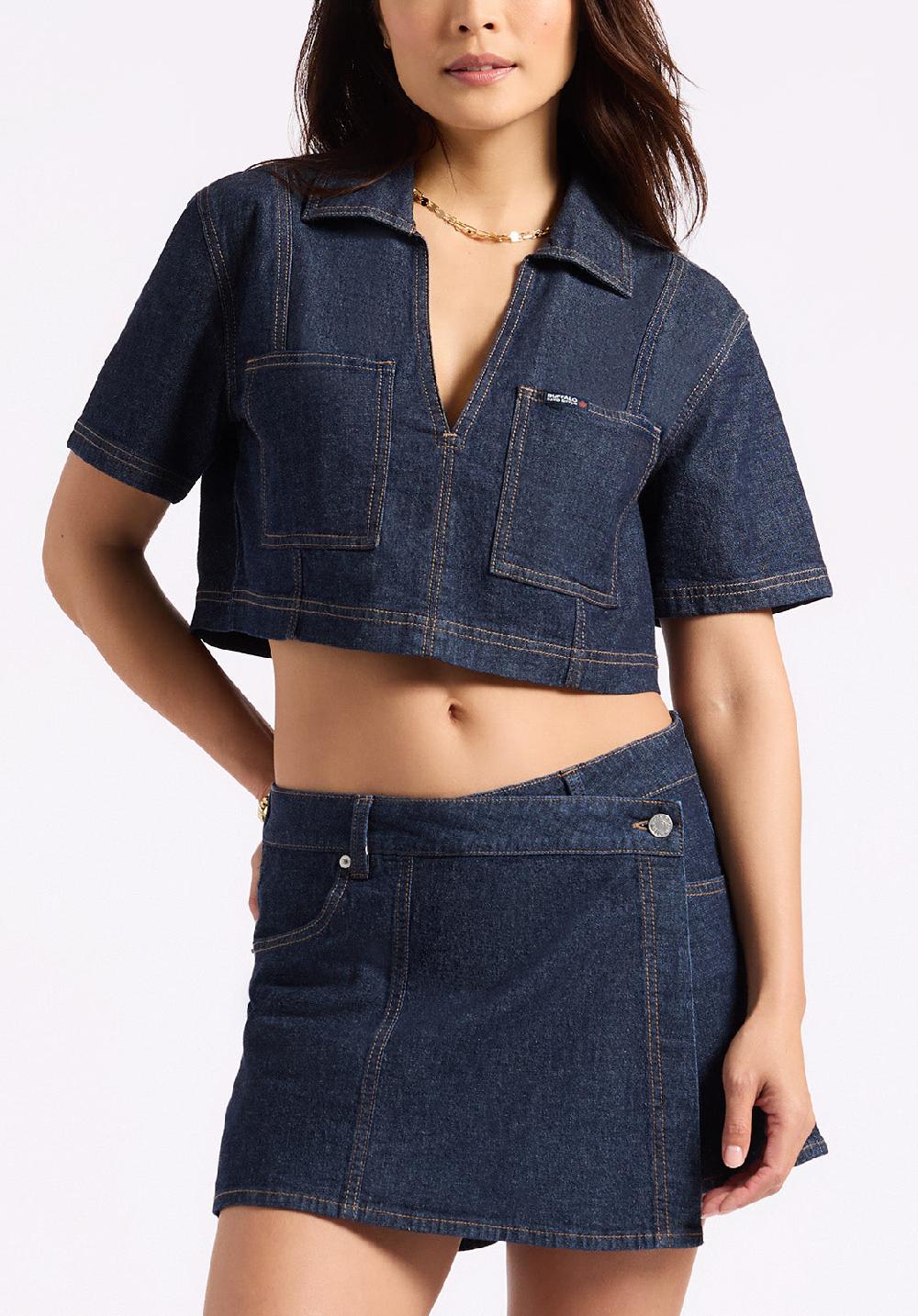 buffalo david bitton Haut court en denim pour femme Selena avec poches plaquées Indigo