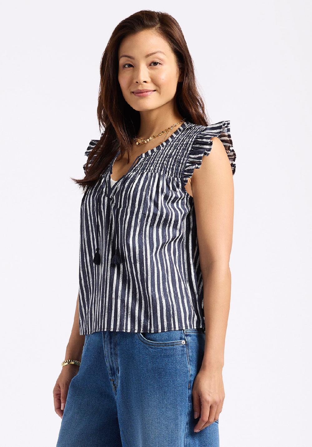 Buffalo David Bitton Haut Rayé à Manches Volantées Avec Détails Smockés Alda Pour Femme Indigo