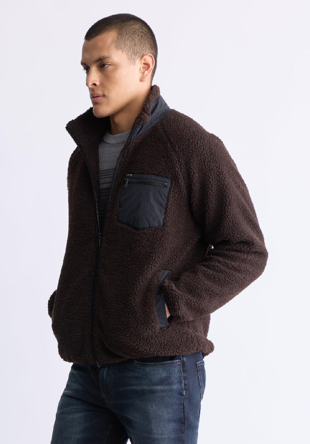 Buffalo David Bitton Jaik Men's Sherpa Bomber Jacket With Chest Pocket Chocolate