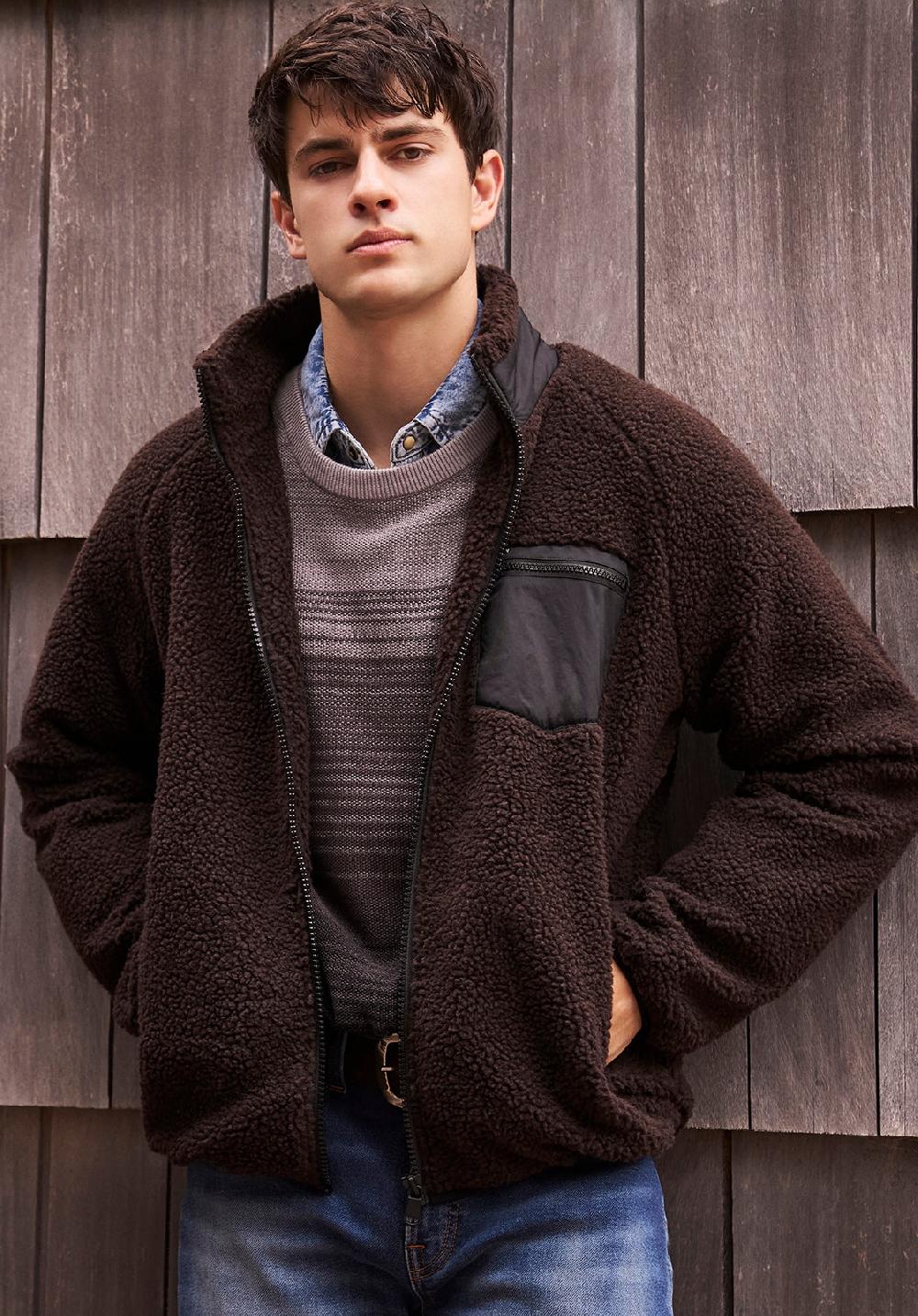 Buffalo David Bitton Jaik Men's Sherpa Bomber Jacket With Chest Pocket Chocolate