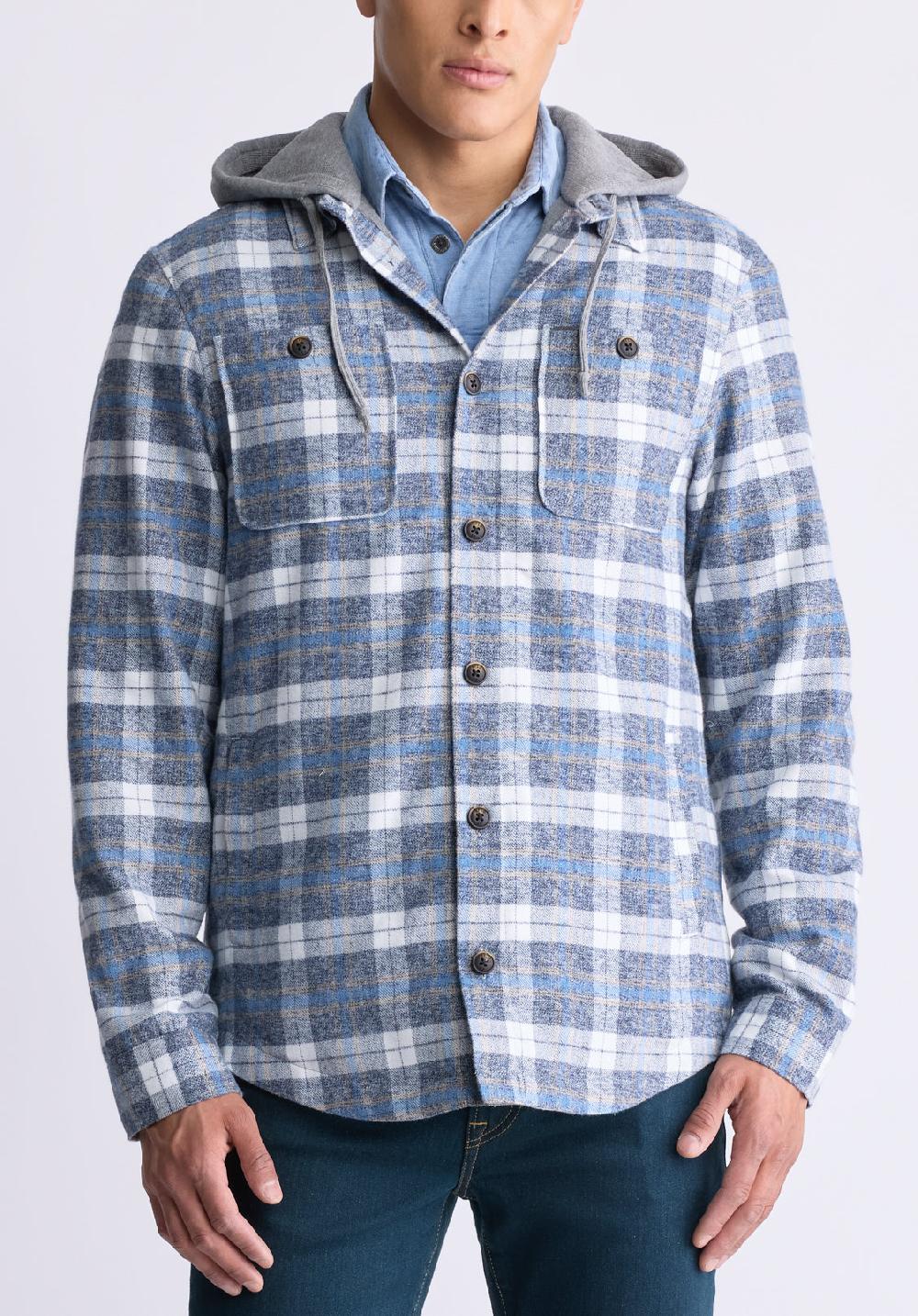 buffalo david bitton Jakeim Men's Plaid Hooded Shacket Grey & Blue