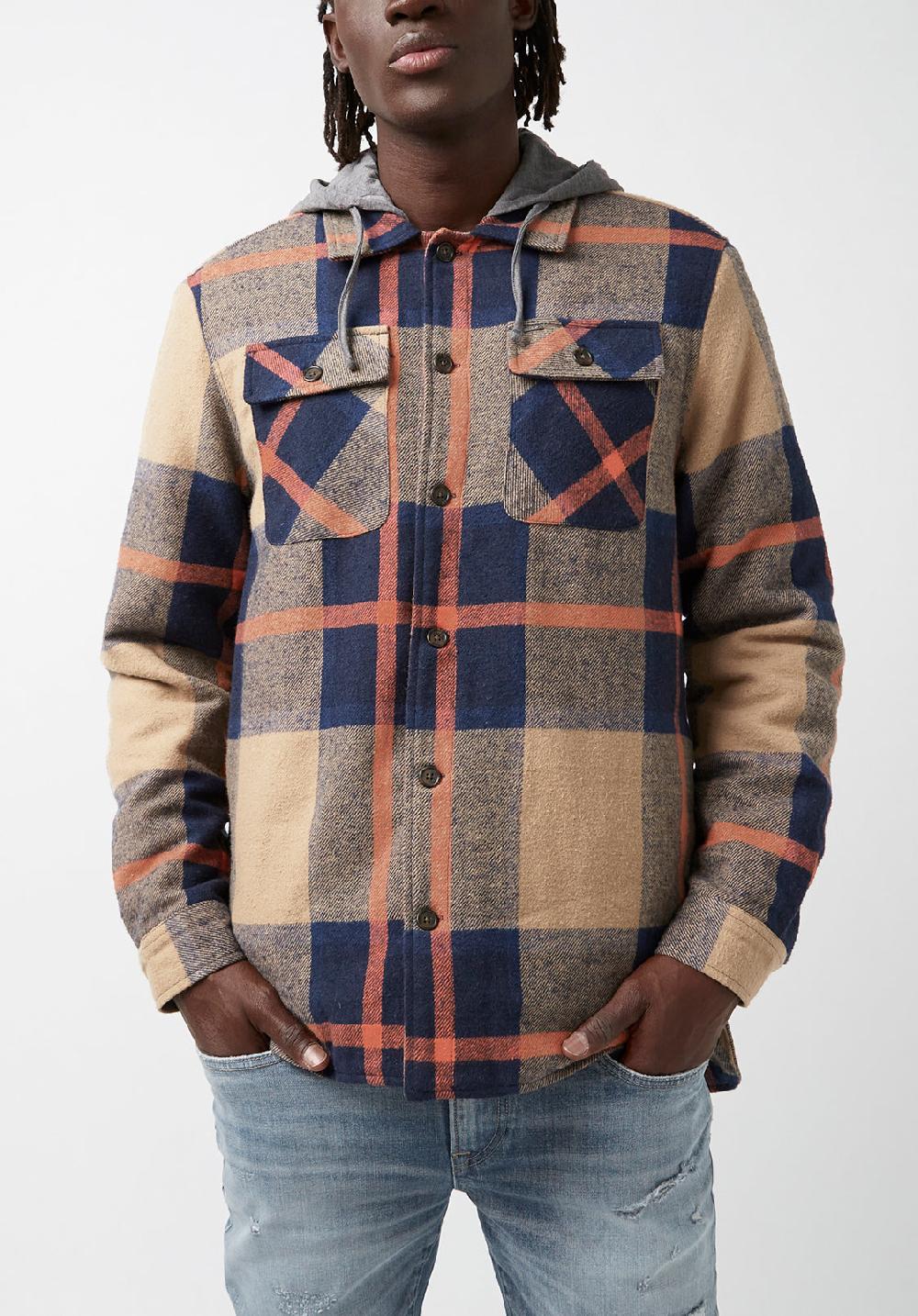 buffalo david bitton Jiref Men’s Hoodie Shacket in Tan & Navy Plaid