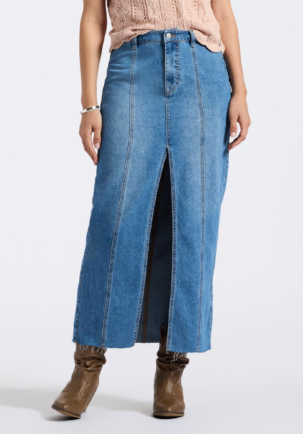 buffalo david bitton Jupe longue taille mi-haute Sylvie Indigo usé et délavé