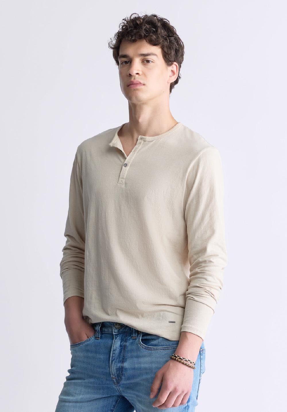 Buffalo David Bitton Kaduk Men's Long-Sleeve Burnout Henley Top Irish Cream