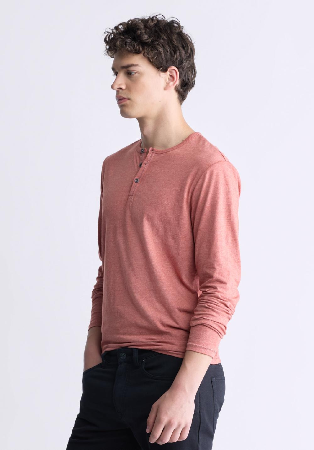 Buffalo David Bitton Kaduk Men's Long-Sleeve Burnout Henley Top Red Ochre