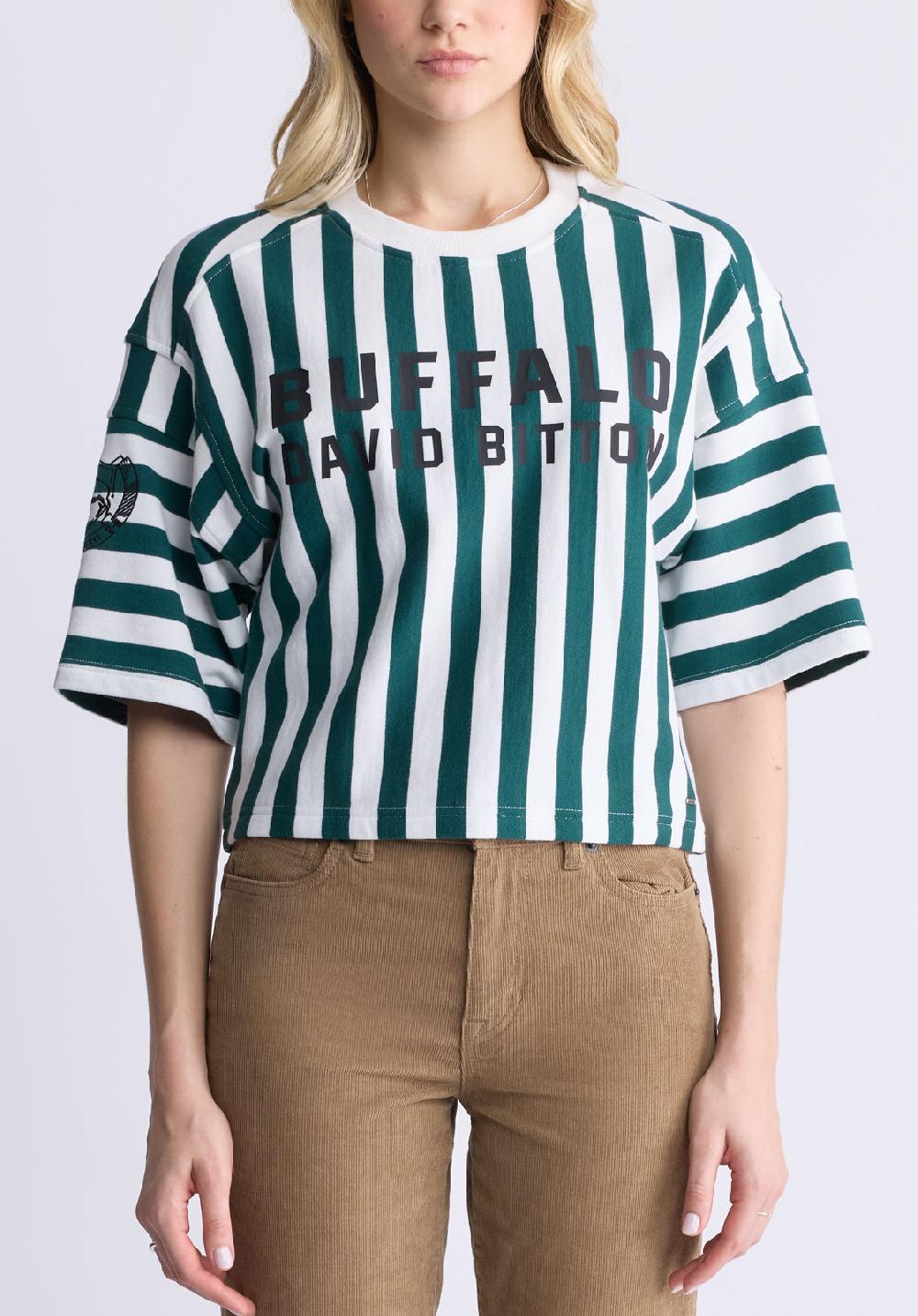 buffalo david bitton Kenza Women's Cropped Stripped T-Shirt White & Green
