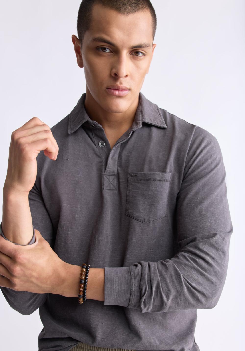 Buffalo David Bitton Kimmy Men's Long-Sleeve Polo With Pocket Charcoal