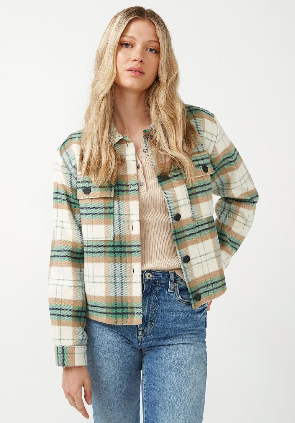 Buffalo David Bitton Lissandra Women's Cropped Shacket In Cream Green Plaid