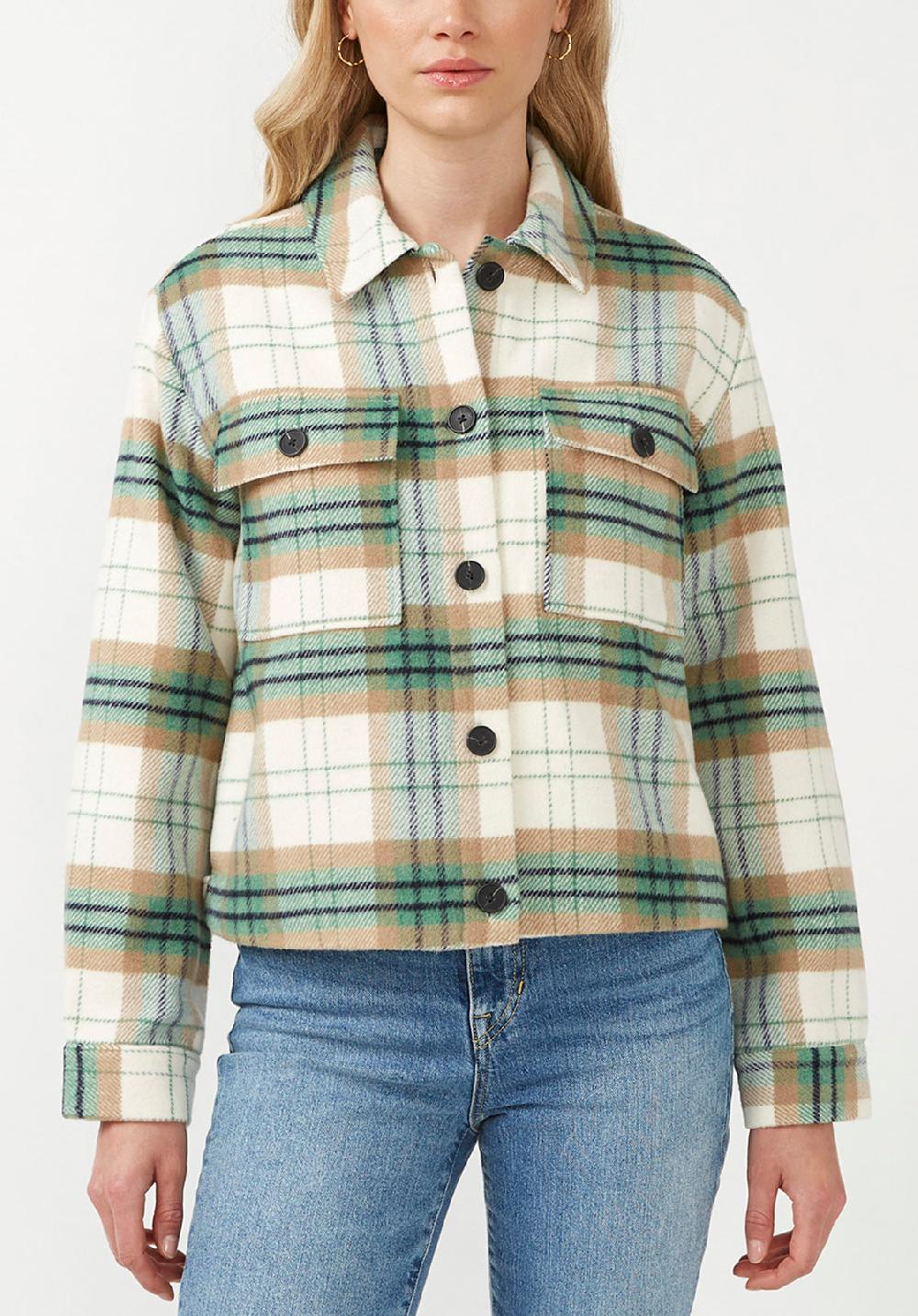 buffalo david bitton Lissandra Women's Cropped Shacket in Cream Green Plaid