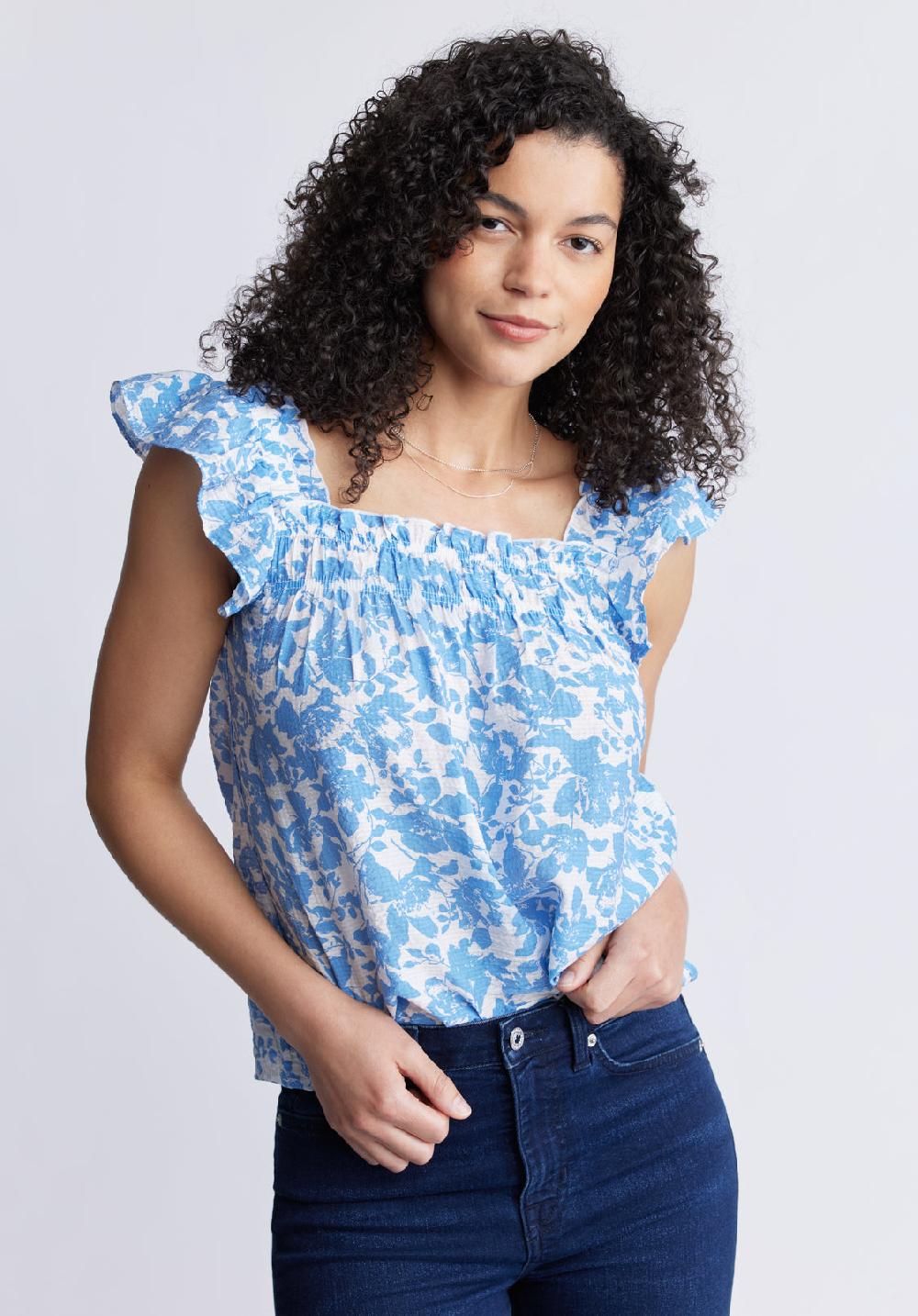 Buffalo David Bitton Mabilia Women's Flutter Sleeve Top Blue Flowers