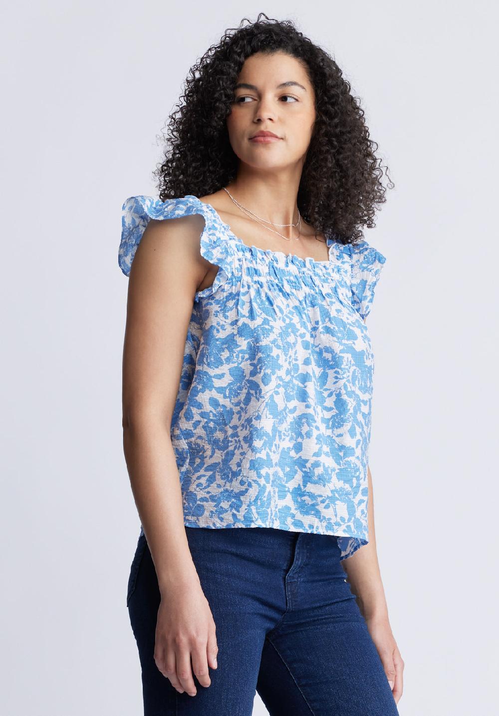 Buffalo David Bitton Mabilia Women's Flutter Sleeve Top Blue Flowers
