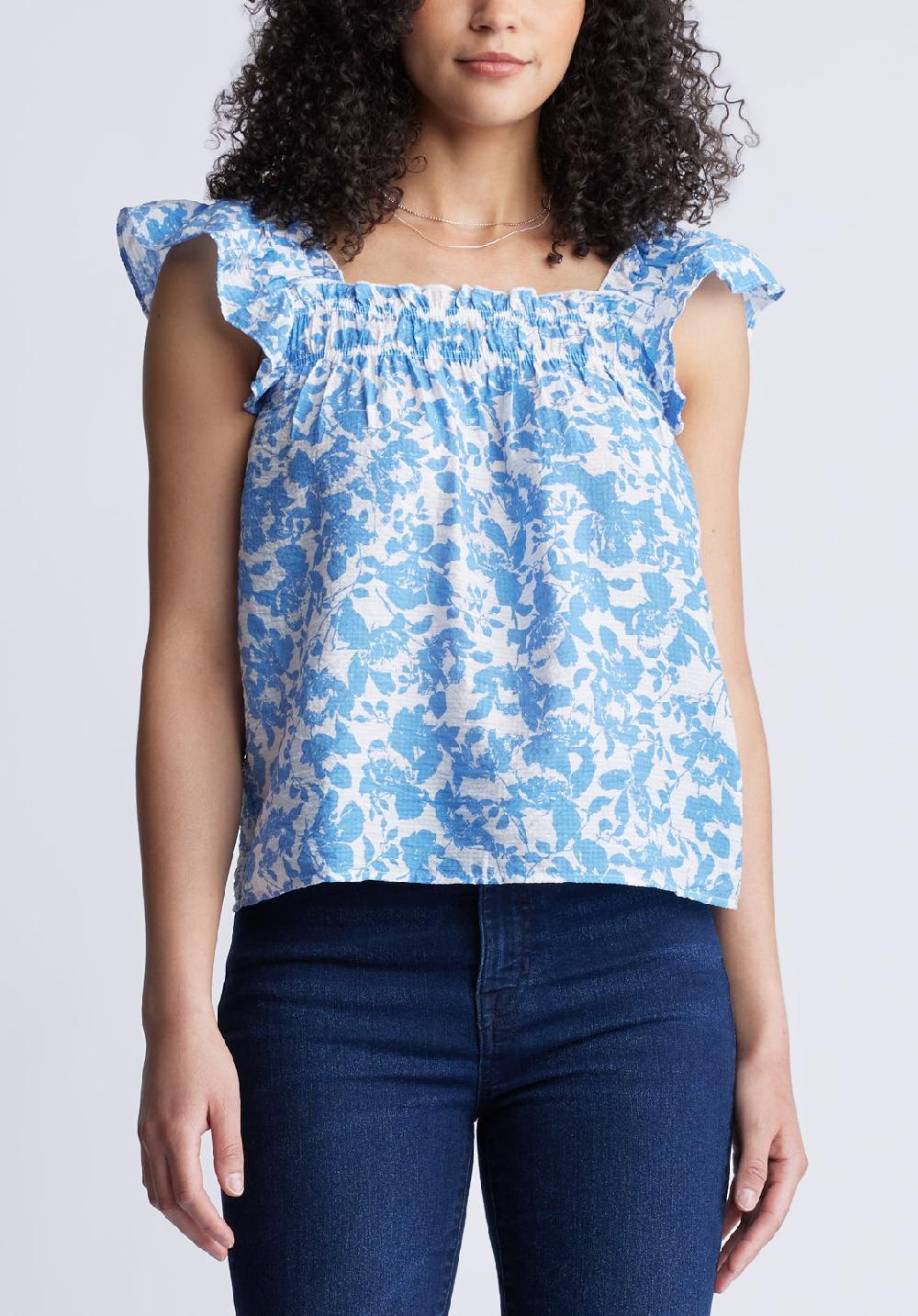 Buffalo David Bitton Mabilia Women's Flutter Sleeve Top Blue Flowers