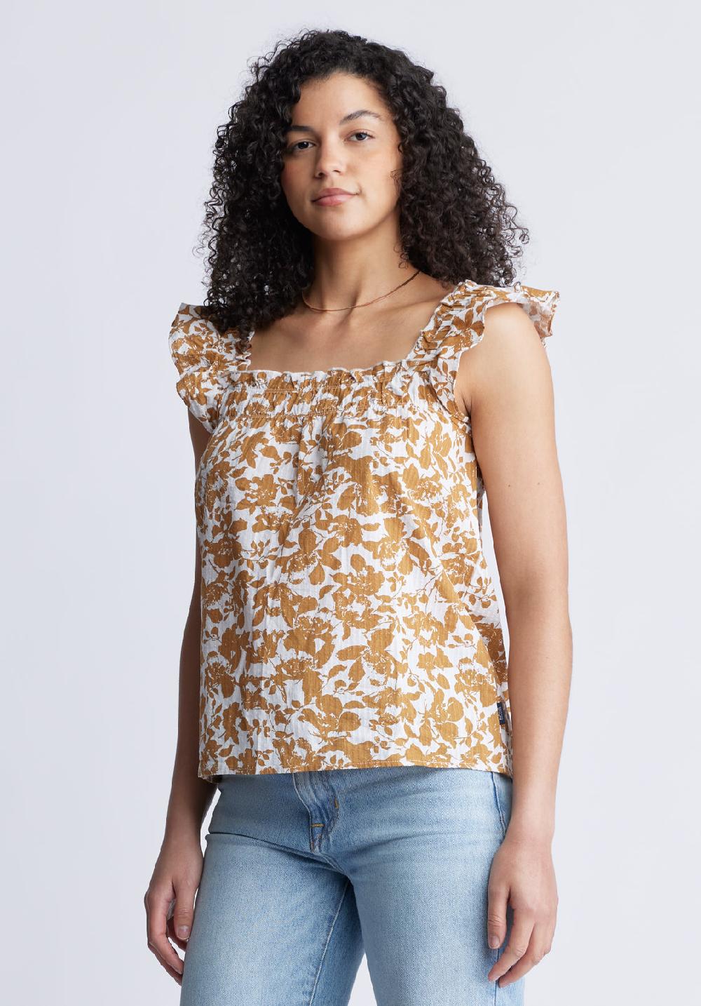 Buffalo David Bitton Mabilia Women's Flutter Sleeve Top Yellow Flowers
