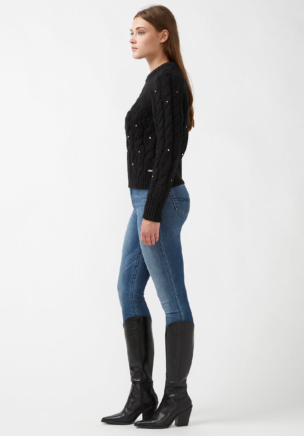 Buffalo David Bitton Magari Black Women's Long Sleeve Crewneck Cable Sweater