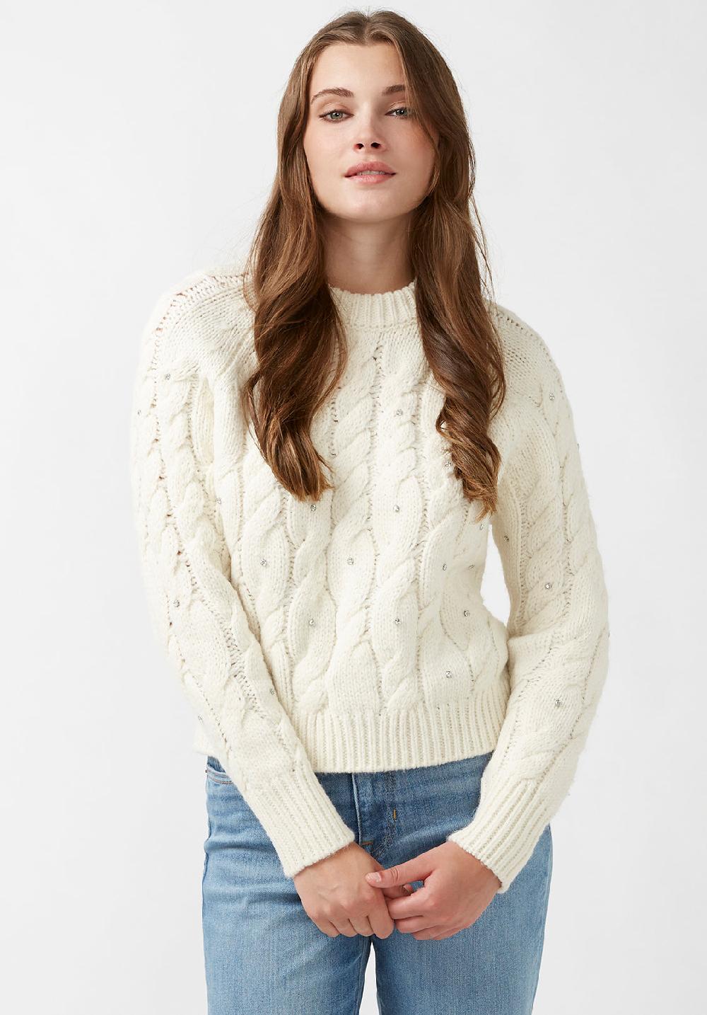 Buffalo David Bitton Magari Women's Long Sleeve Crewneck Cable Sweater In Ivory