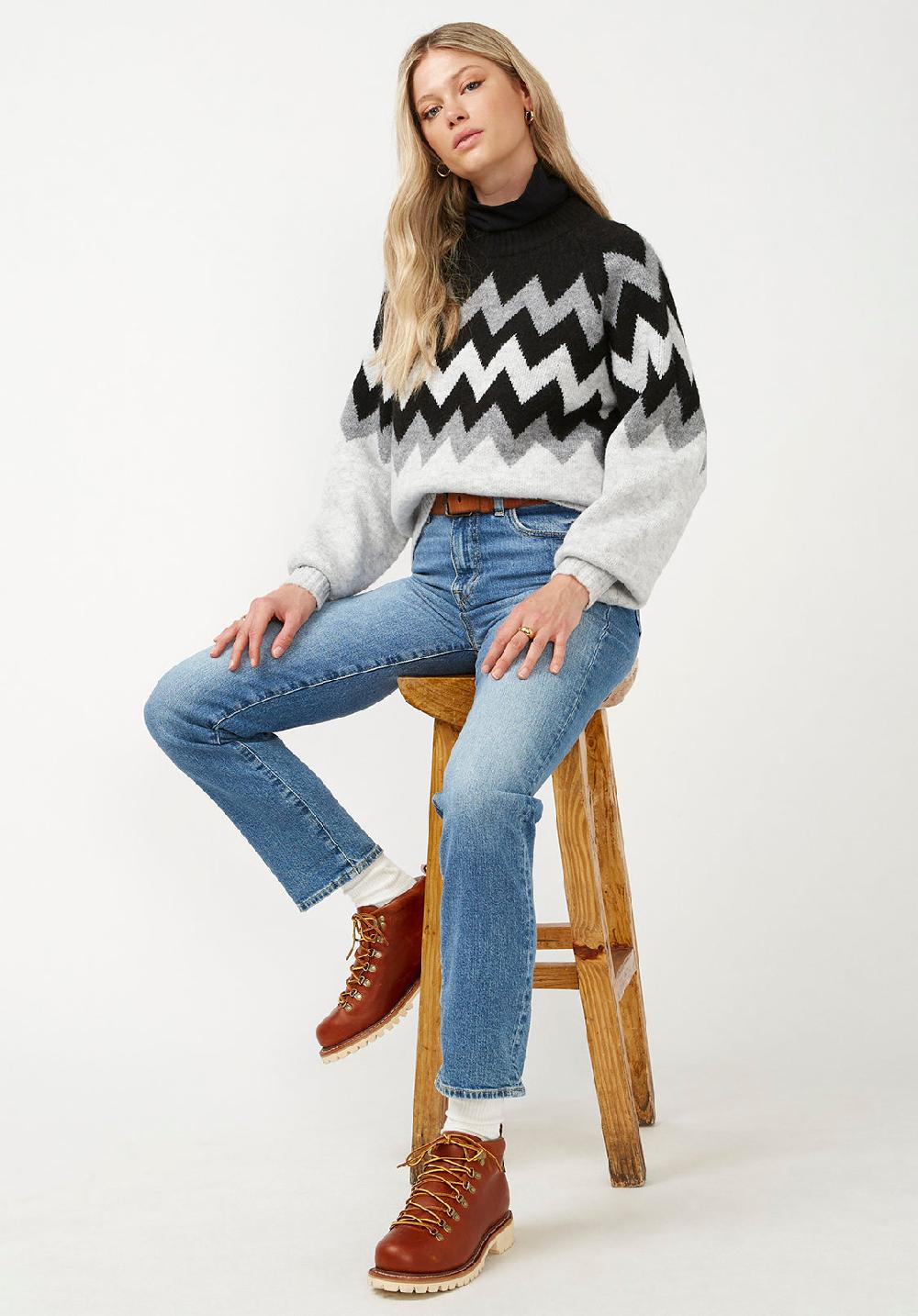 Buffalo David Bitton Nerissa Women's Crewneck Sweater In Black & Grey Chevron Print