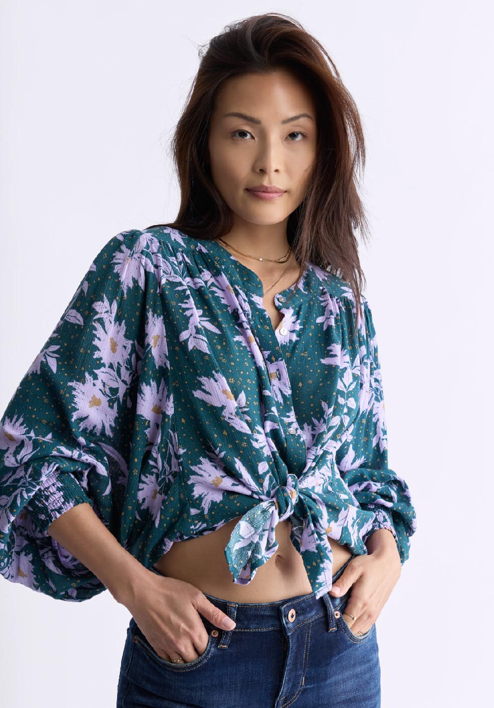 Buffalo David Bitton Ottilie Women's Long-Sleeved Blouse Green With Purple Floral