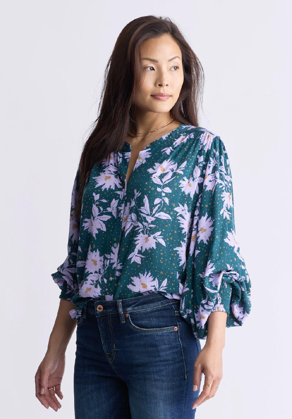 Buffalo David Bitton Ottilie Women's Long-Sleeved Blouse Green With Purple Floral