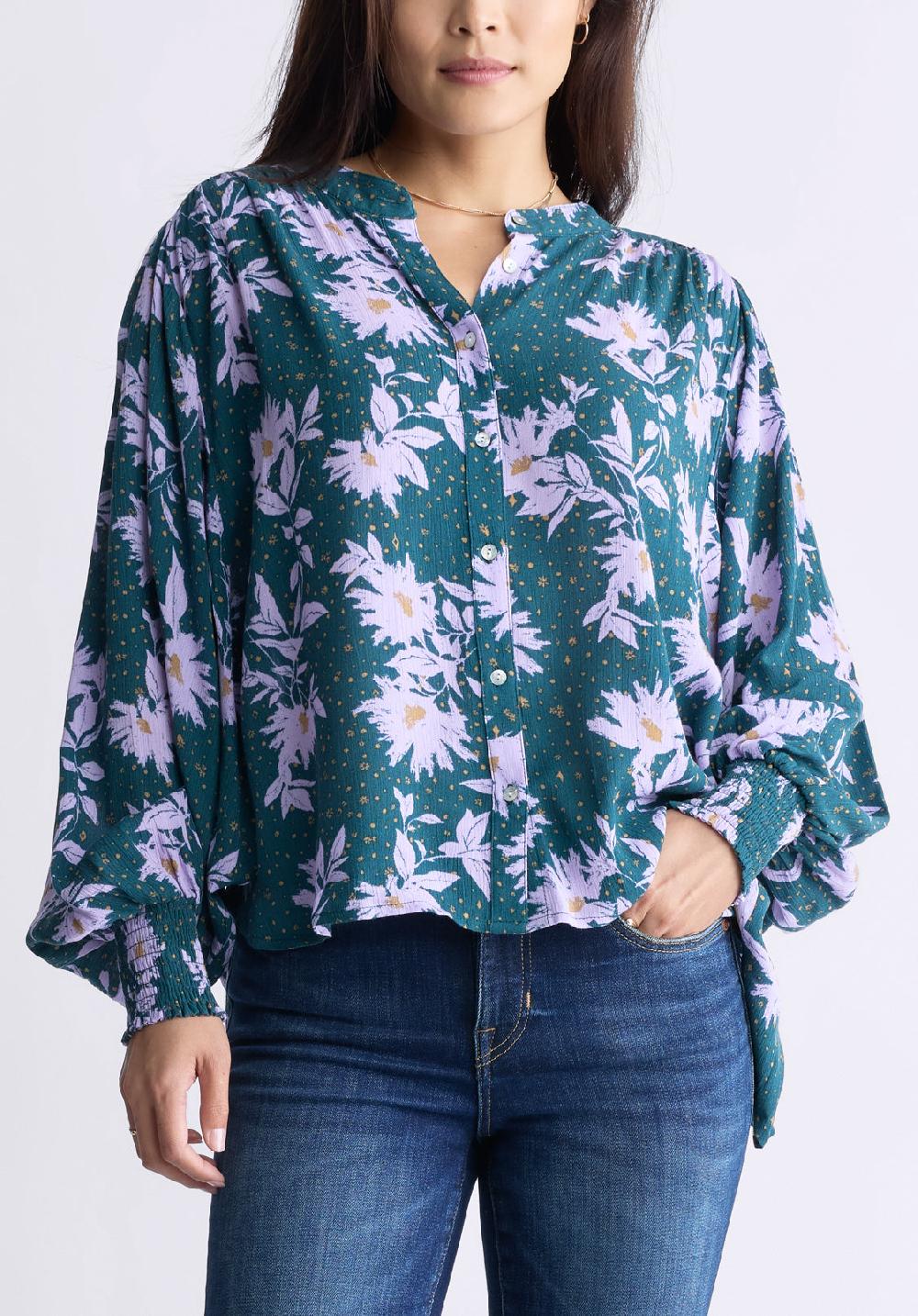 buffalo david bitton Ottilie Women's Long-Sleeved Blouse Green with Purple Floral