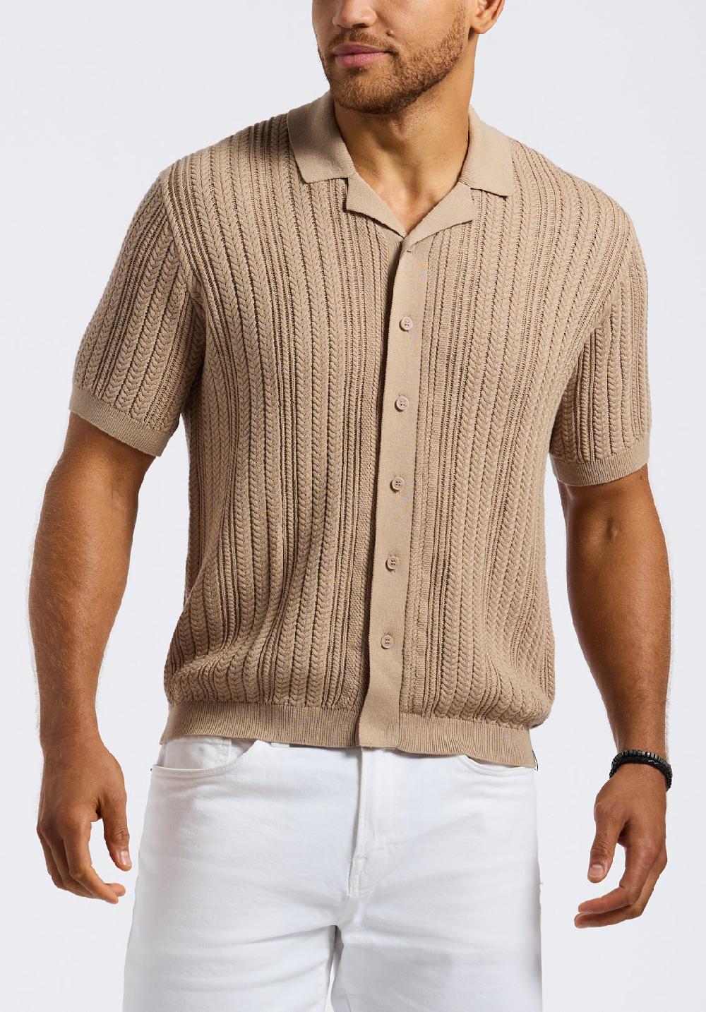 buffalo david bitton Polo boutonné en maille torsadée à manches courtes pour homme Wasko Beige tuffet
