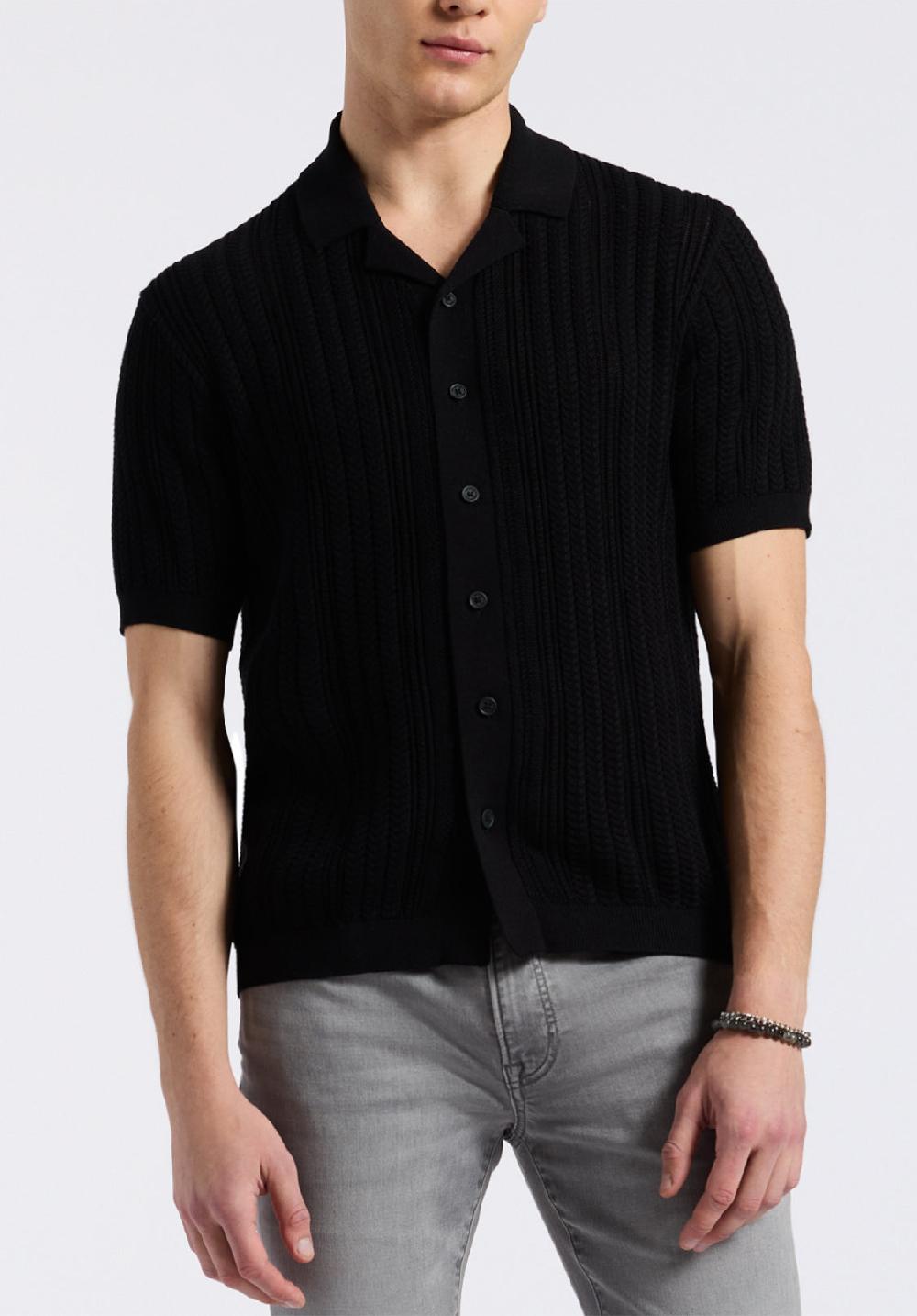 buffalo david bitton Polo boutonné en maille torsadée à manches courtes pour homme Wasko Noir