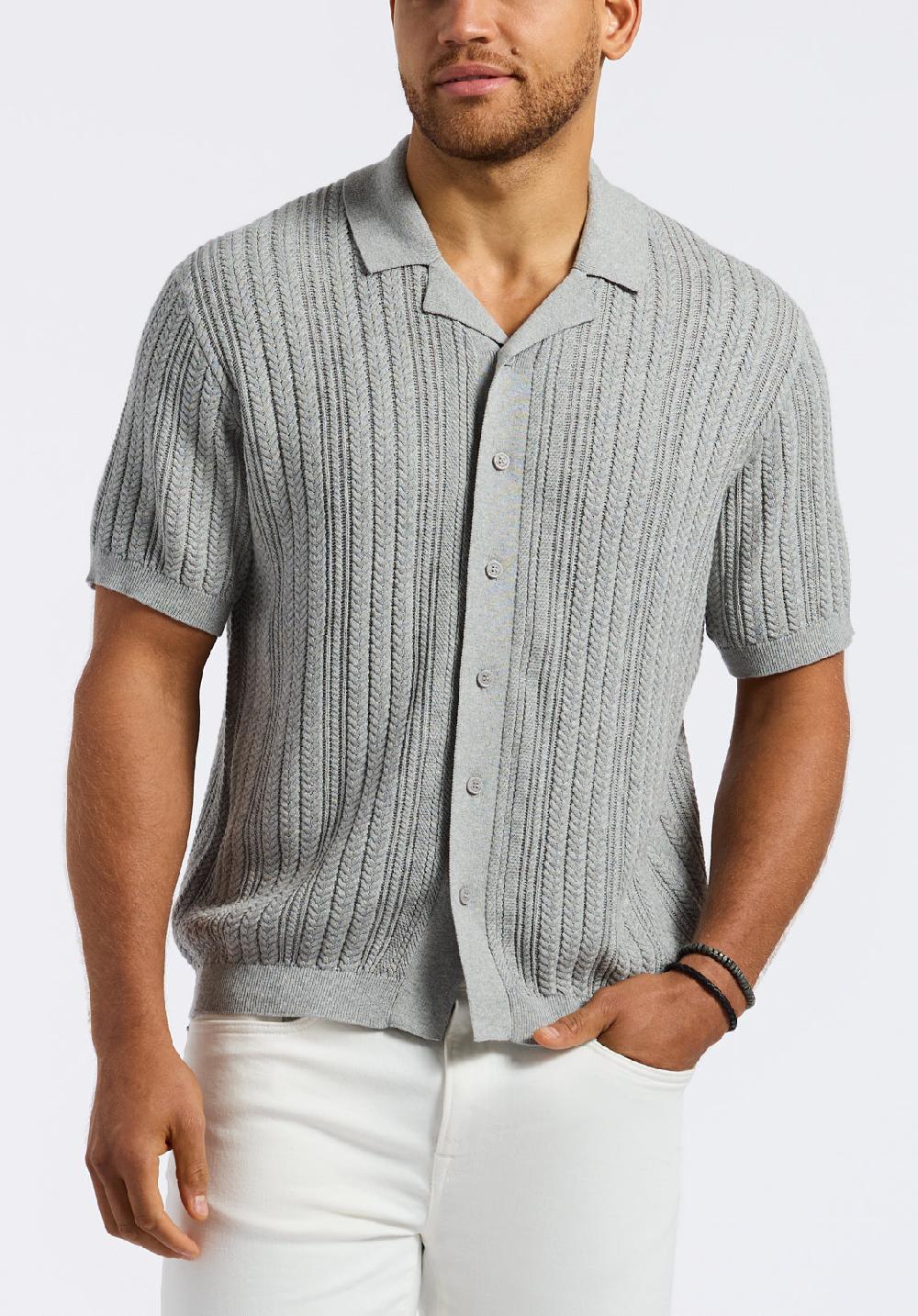 buffalo david bitton Polo boutonné en maille torsadée à manches courtes pour homme Wasko Gris chiné