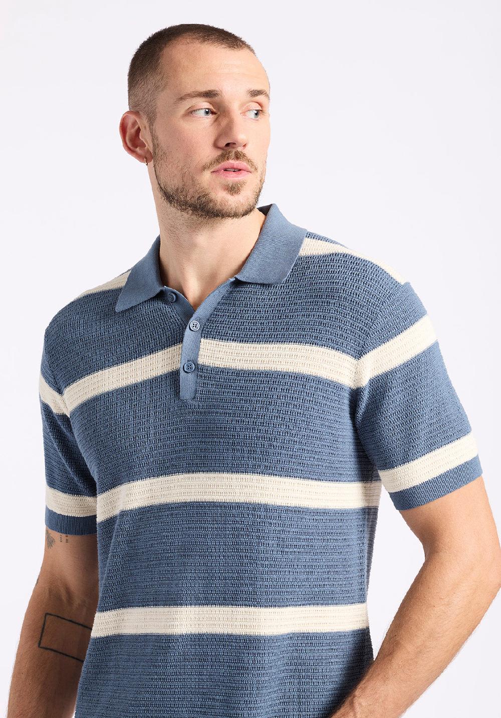 Buffalo David Bitton Polo En Maille Rayé à Manches Courtes Pour Homme Winder Bleu Mirage