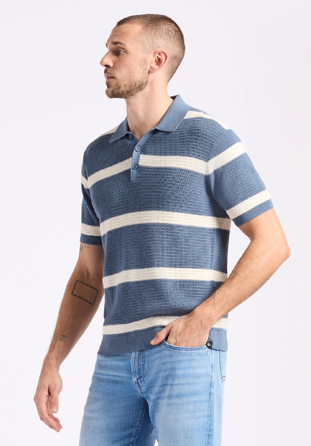 Buffalo David Bitton Polo En Maille Rayé à Manches Courtes Pour Homme Winder Bleu Mirage