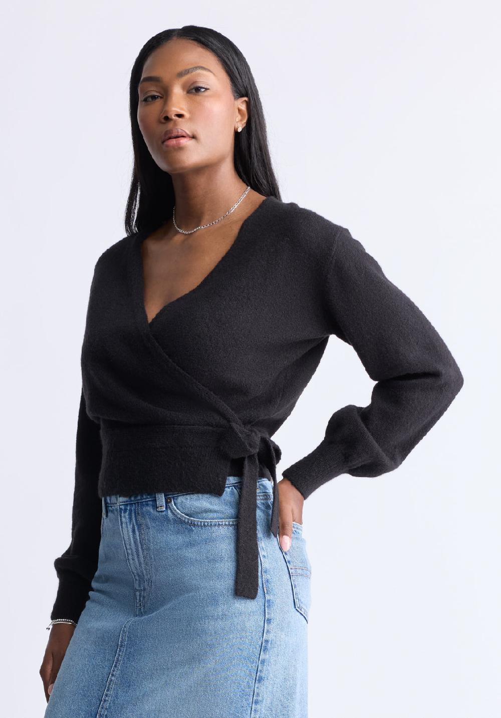 Buffalo David Bitton Pull Cache-cœur à Manches Longues Jadis Pour Femmes Noir - SW0099H